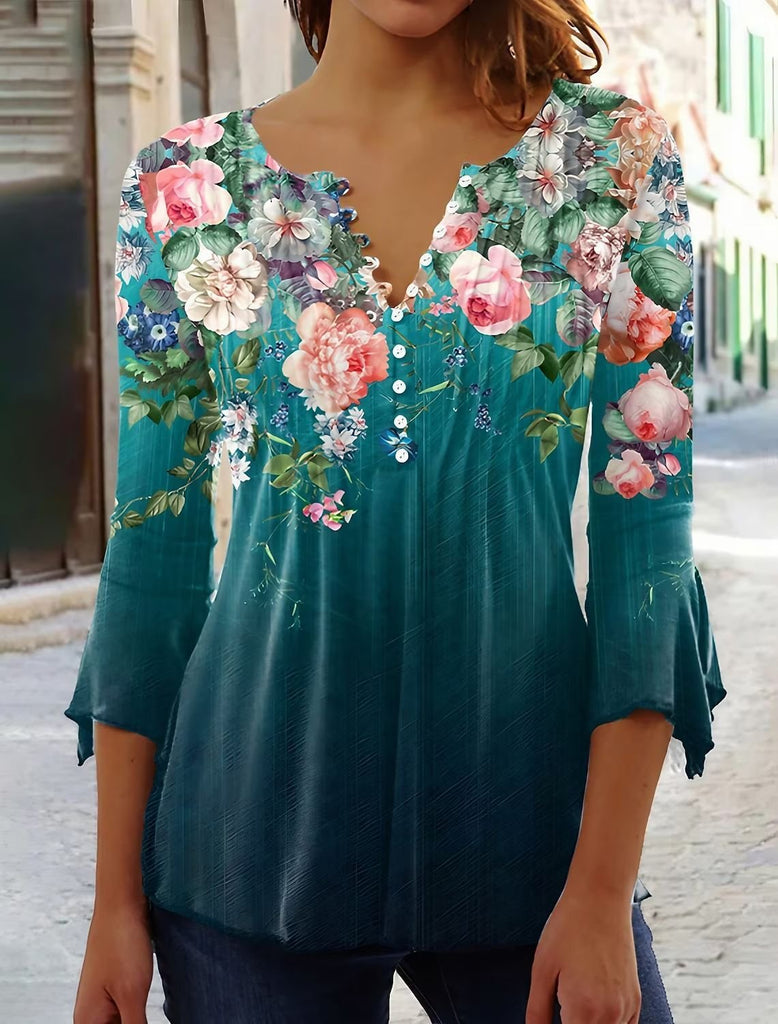 Loose 3/4 Sleeve Crew Neck Floral Fashion Regular Blouse