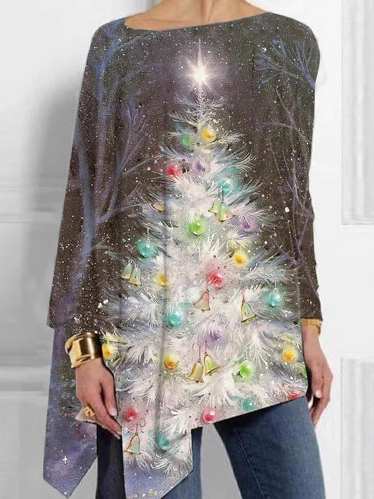 Loose Crew Neck Long Sleeve Christmas Fashion Mid-Long Blouses