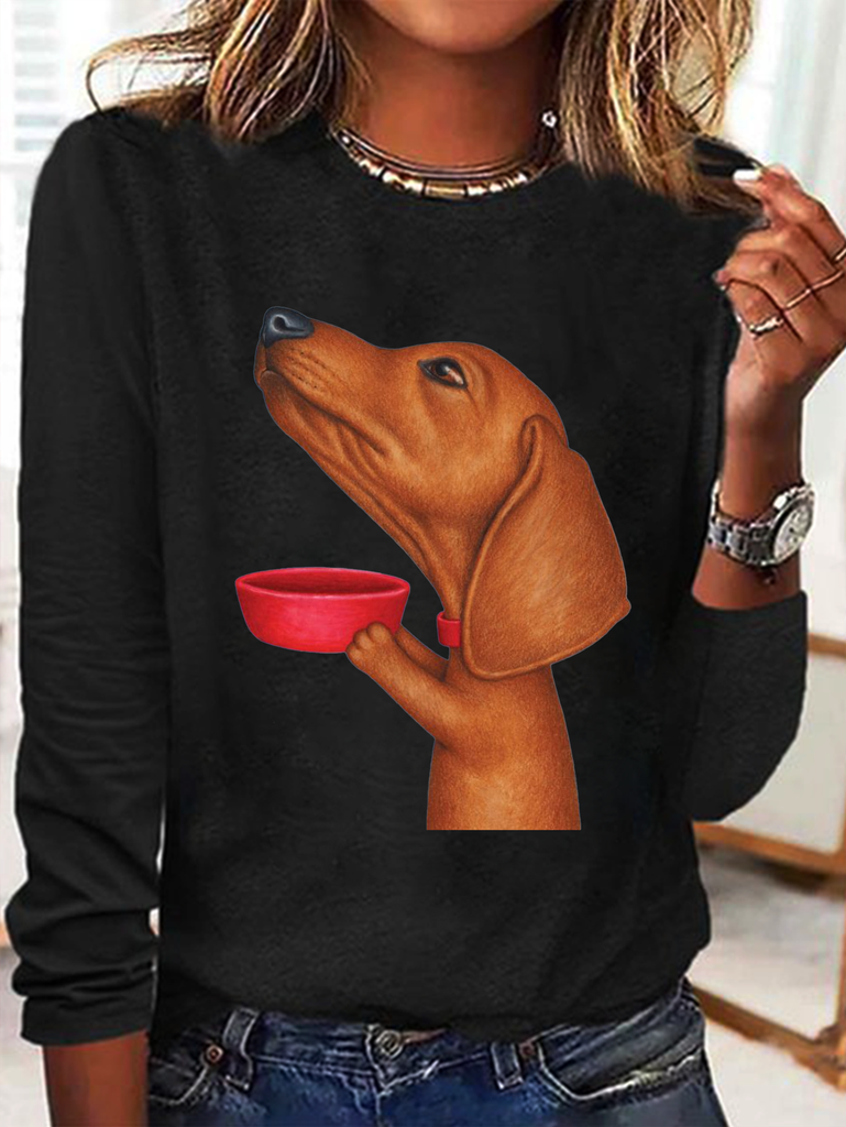 Fashion Crew Neck Long Sleeve Dog Casual Regular T-Shirt