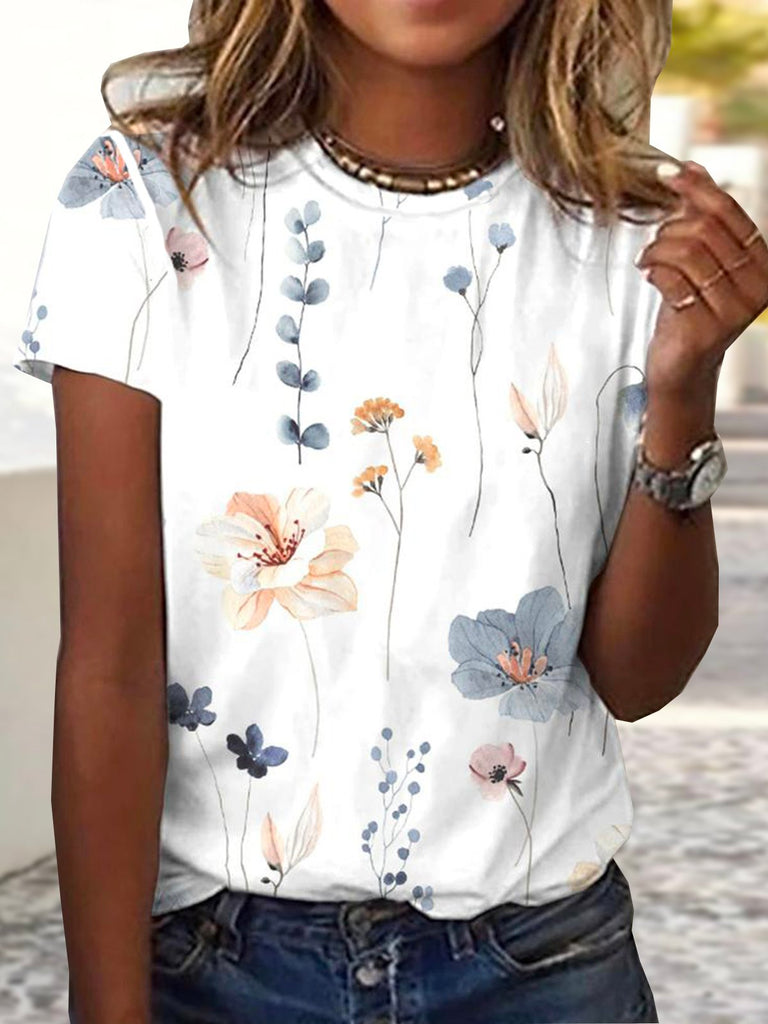 Fashion Short Sleeve Crew Neck Floral Casual Regular T-Shirt
