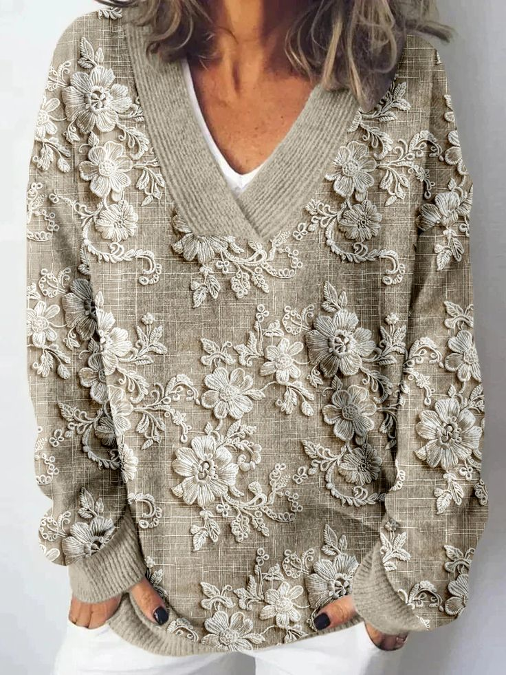 Loose V Neck Long Sleeve Floral Fashion Regular Sweatshirt