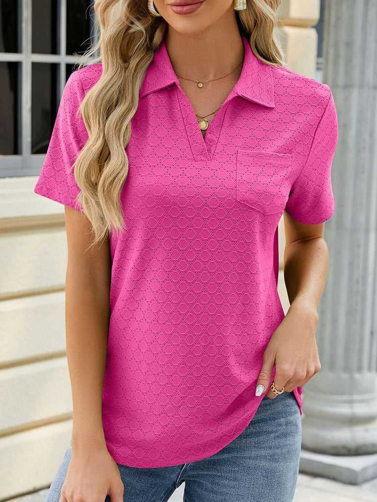 Fashion Short Sleeve Shawl Collar Plain Loose Regular Blouse