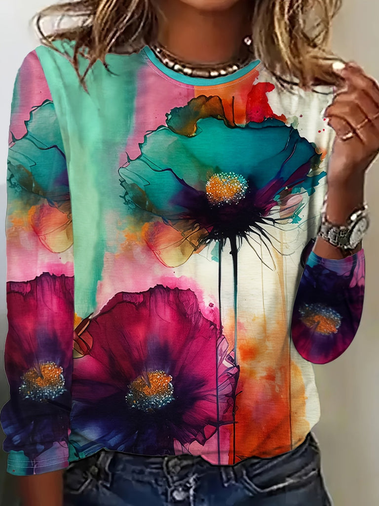 Casual Crew Neck Long Sleeve Floral Fashion Regular T-Shirt