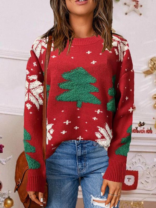 Loose Crew Neck Long Sleeve Christmas Tree Fashion Regular Sweater