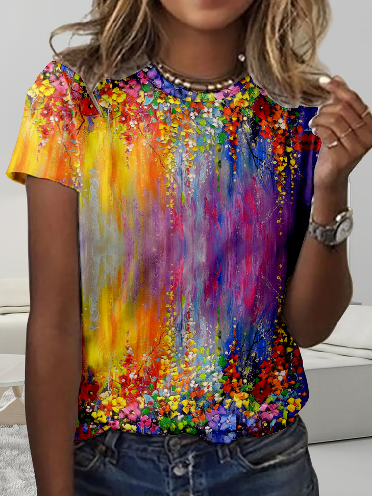 Short Sleeve Crew Neck Floral Simple Regular T-Shirt
