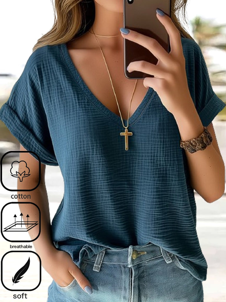 Fashion V Neck Short Sleeve Plain Loose Regular Blouse