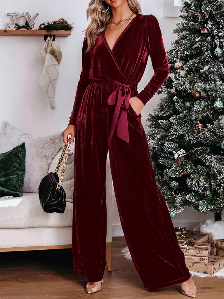 V Neck Long Sleeve Plain Fashion Ankle Jumpsuit