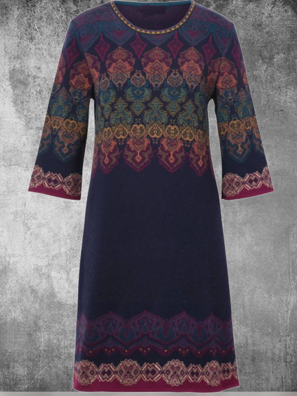 Vintage Crew Neck Long Sleeve Floral Midi Dress