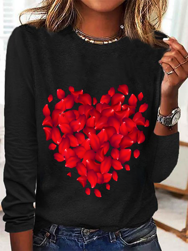 Loose Crew Neck Long Sleeve Valentine'S Day Fashion Regular T-Shirt