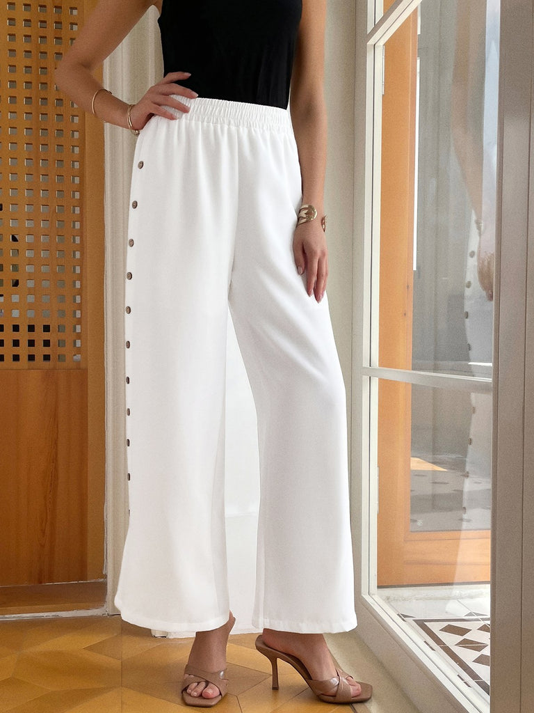 Fashion Plain Buckle Loose Long Pants