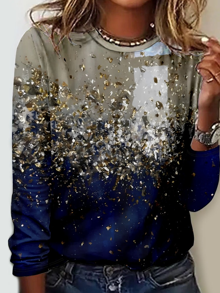 Fashion Crew Neck Long Sleeve Ombre Casual Regular T-Shirt