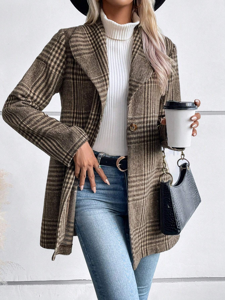 Loose Shawl Collar Long Sleeve Plaid Fashion Regular Jacket