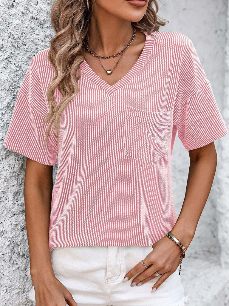 Fashion V Neck Short Sleeve Plain Regular Blouse
