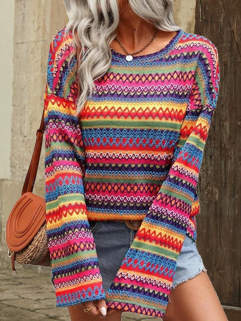 Fashion Crew Neck Long Sleeve Multicolor Block Jacquard Loose Regular Blouses