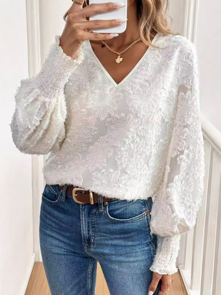 Fashion V Neck Long Sleeve Plain Loose Regular Blouse
