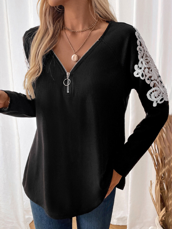 Loose V Neck Long Sleeve Plain Zipper Fashion Regular Blouse