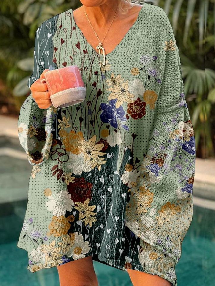 Loose V Neck Long Sleeve Floral Zipper Fashion Mid-Long Sweatshirt