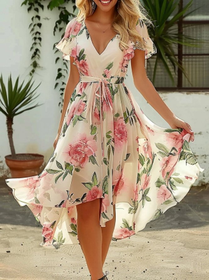 Vacation V Neck Short Sleeve Floral Midi Dress