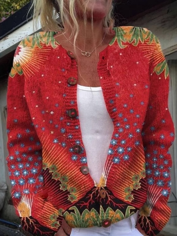 Loose Crew Neck Long Sleeve Floral Fashion Regular Jacket