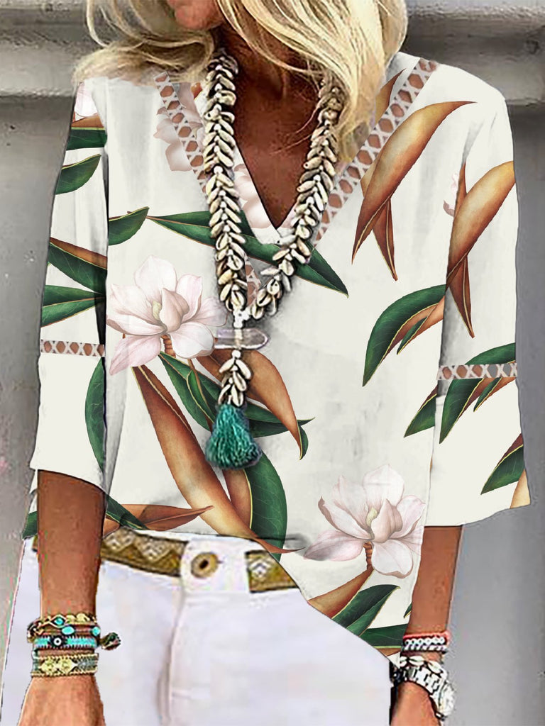 Loose 3/4 Sleeve V Neck Plants Printing Fashion Regular Blouses