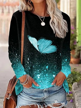 Casual Crew Neck Long Sleeve Gradient Pattern Fashion Regular T-Shirt