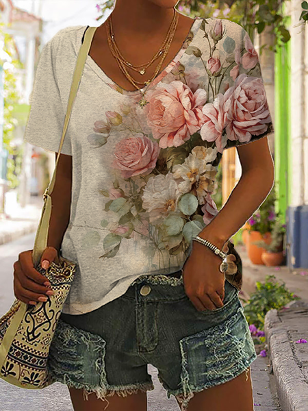 Fashion V Neck Short Sleeve Floral Casual Regular T-Shirt