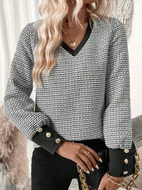 Fashion V Neck Long Sleeve Plaid Regular Blouse