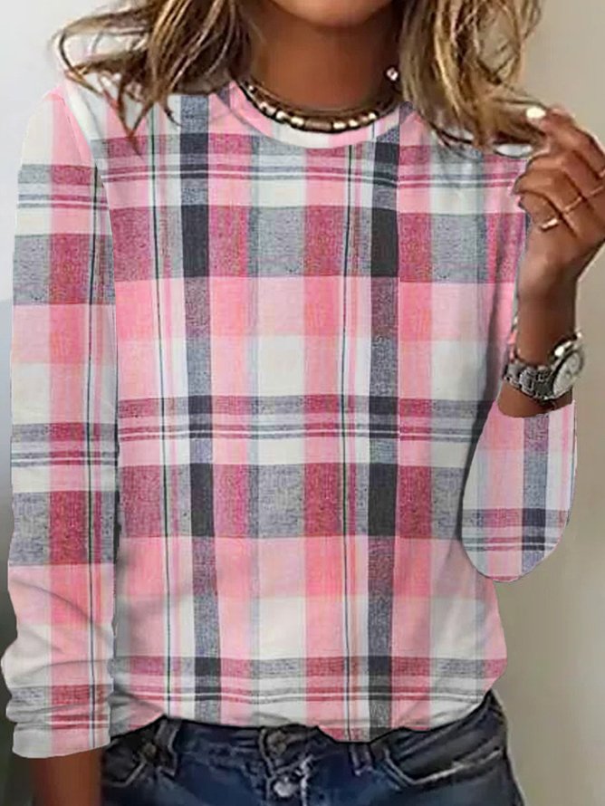 Fashion Crew Neck Long Sleeve Plaid Casual Regular T-Shirt