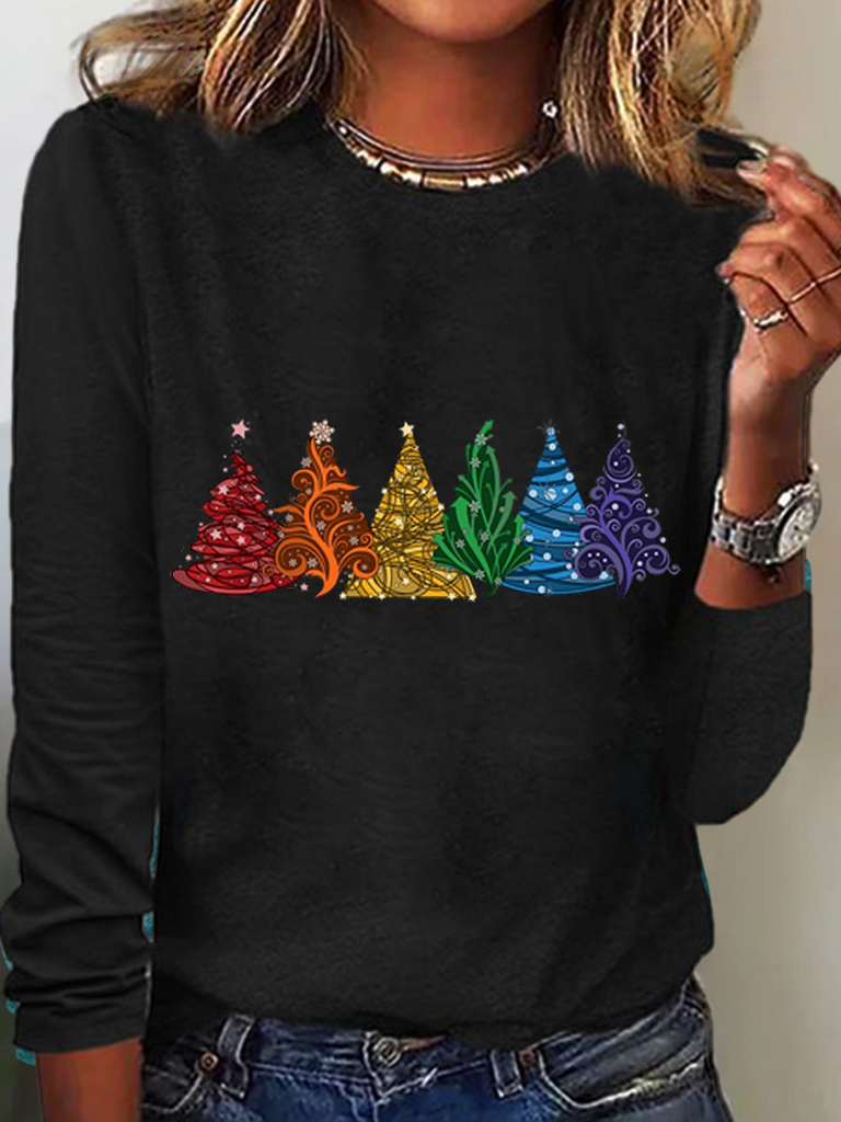 Crew Neck Long Sleeve Christmas Tree Fashion Regular Blouses