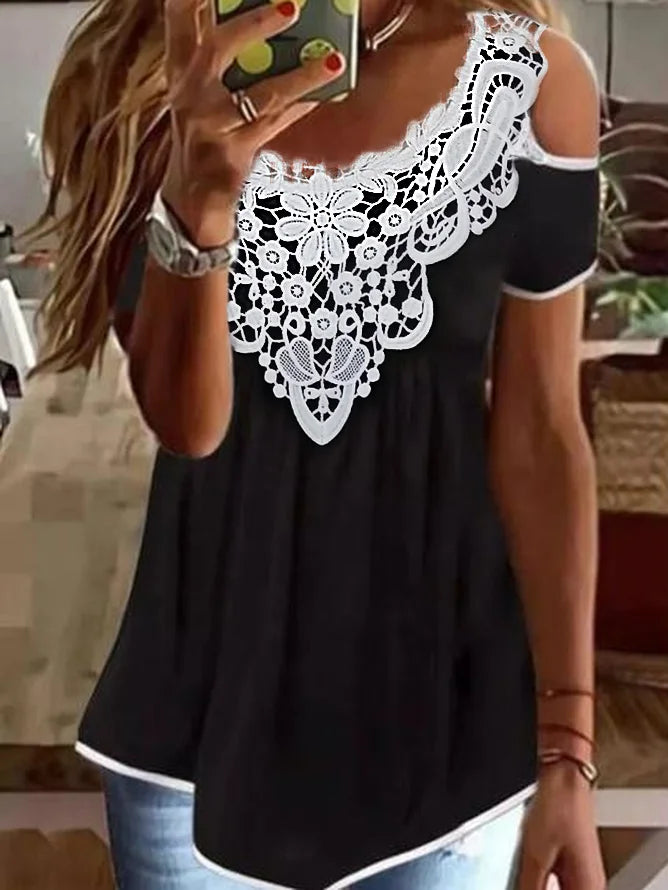 Lace Collar Short Sleeve Plain Fashion Mid-Long Blouses