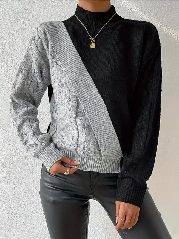 Fashion Long Sleeve Turtleneck Color Block Loose Regular Sweater