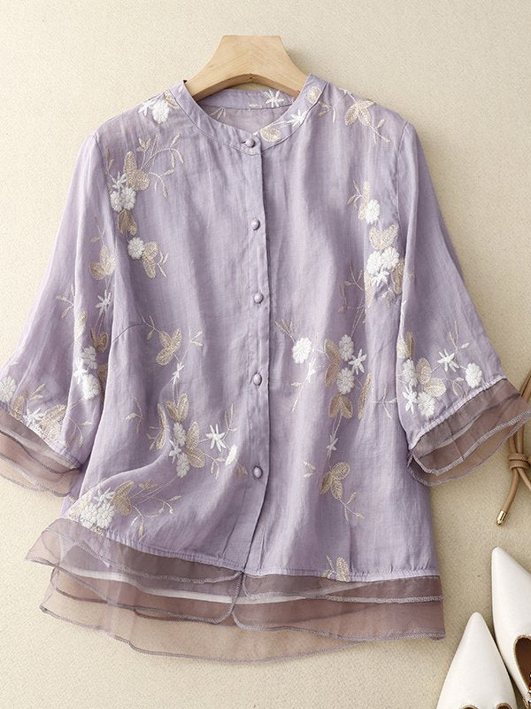 Fashion Half Sleeve Stand Collar Embroidery Patterns Loose Regular Shirt
