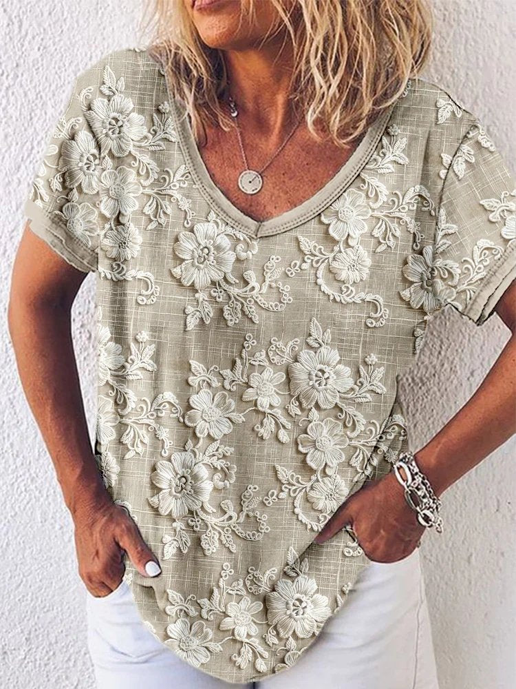 Vintage V Neck Short Sleeve 3D Printing Loose Regular T-Shirt