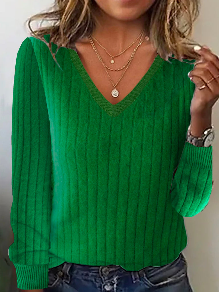 Fashion V Neck Long Sleeve Plain Loose Regular Sweater