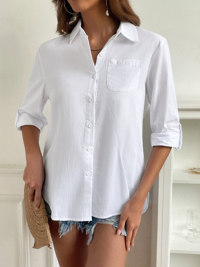 Fashion Long Sleeve Shirt Collar Plain With Pockets Loose Regular Shirt