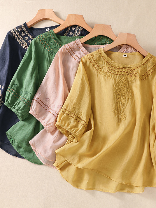 Fashion Short Sleeve Shirt Collar Plain Embroidery Loose Regular Blouse