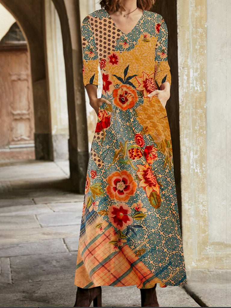 Fashion V Neck Long Sleeve Ethnic Floral Maxi Dress