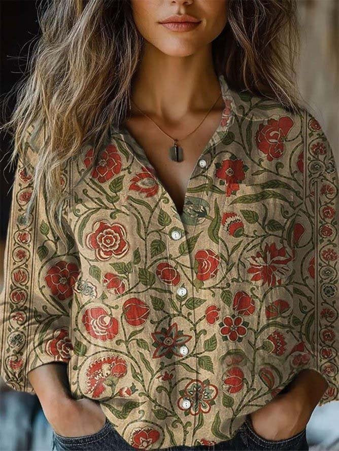 Loose Long Sleeve Shawl Collar Ethnic Ethnic Regular Shirt