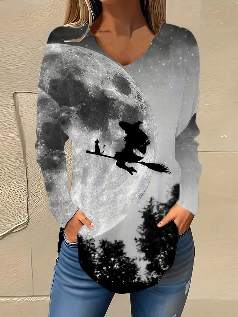 Loose V Neck Long Sleeve Halloween Fashion Regular Blouse