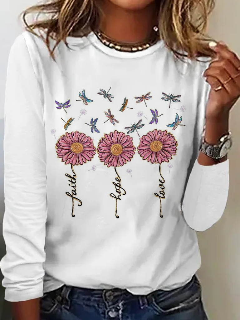 Casual Crew Neck Long Sleeve Floral Dragonfly Fashion Regular T-Shirt