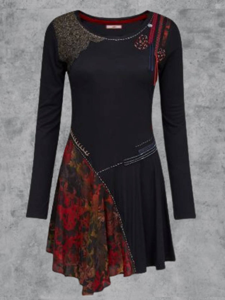 Plus Size Vintage Crew Neck Long Sleeve Short Dress