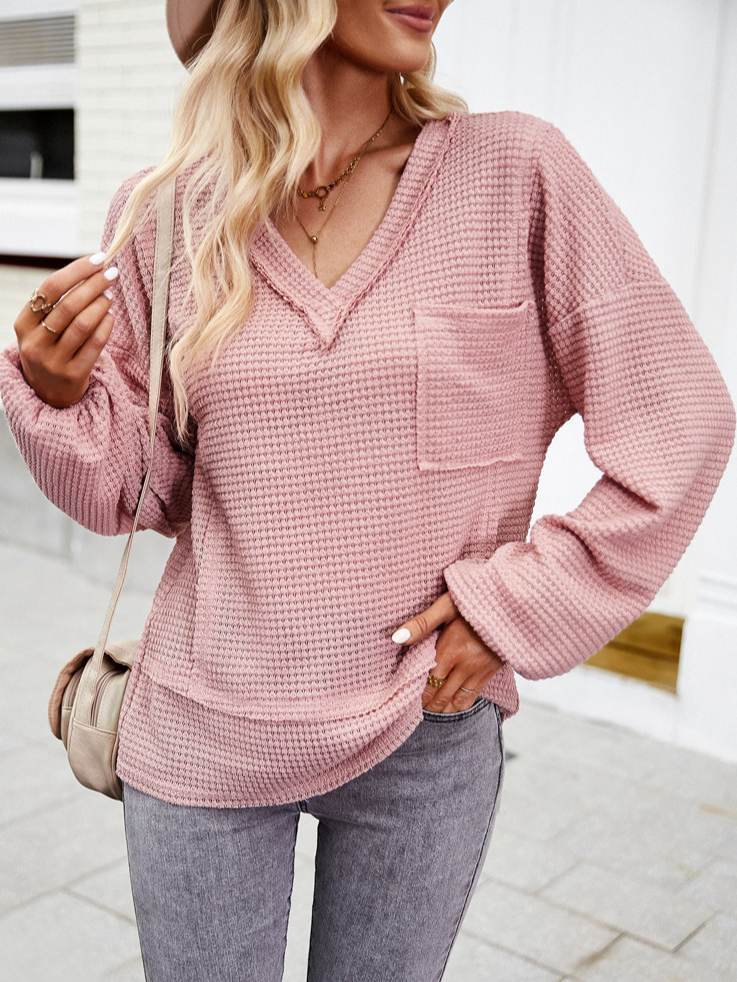 Fashion V Neck Long Sleeve Plain Regular Blouse