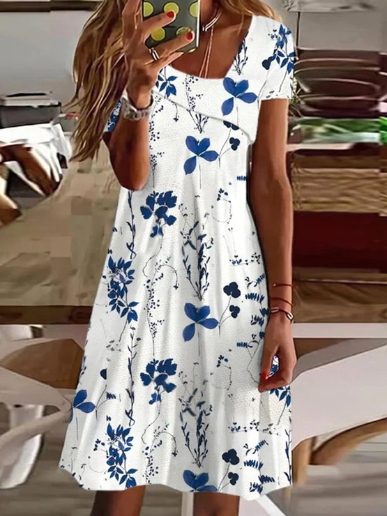 Fashion Short Sleeve Asymmetrical Floral Loose Short Dress