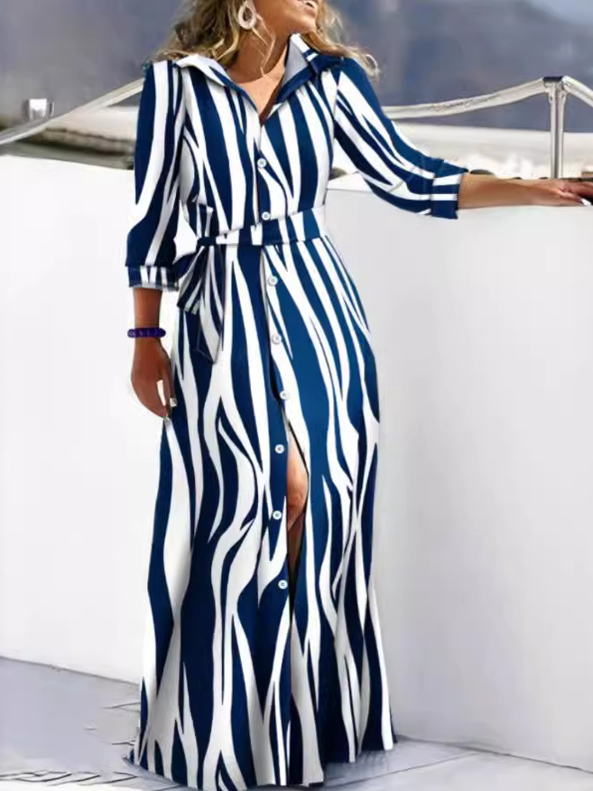 Fashion Long Sleeve Striped Lace Maxi Dress