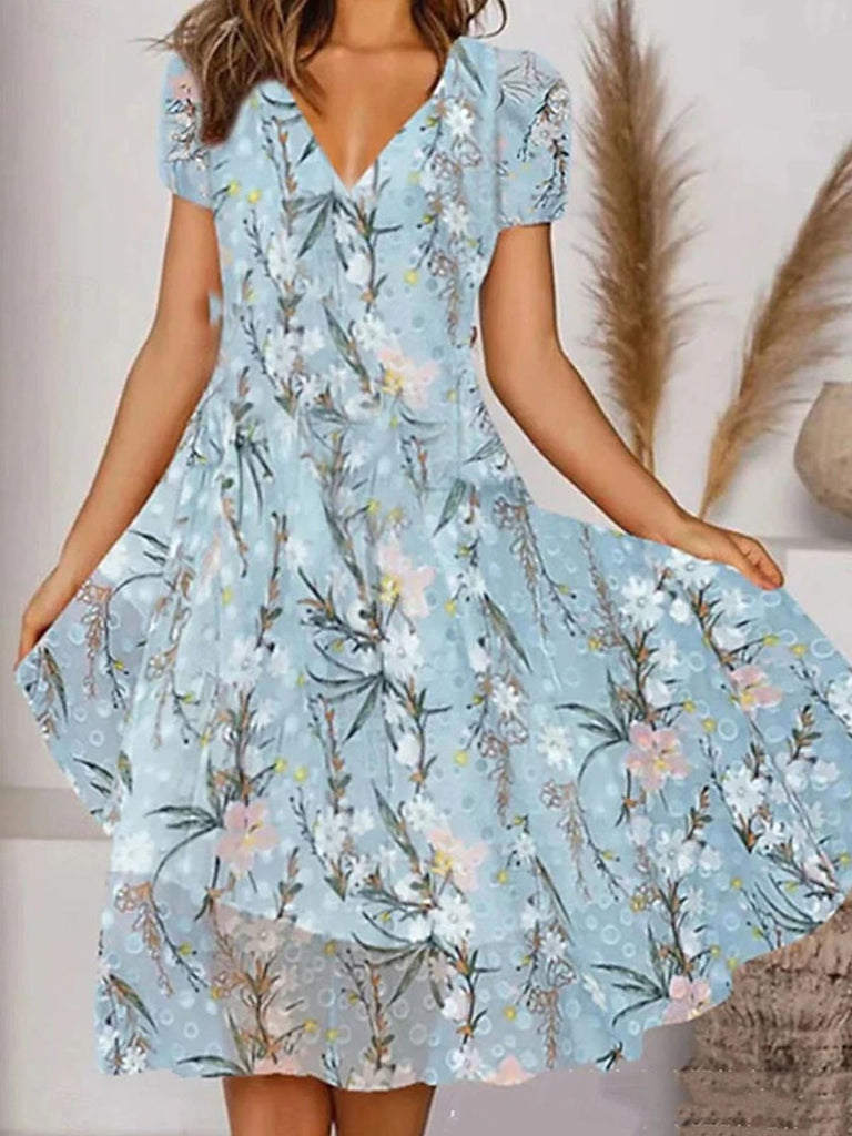 Fashion V Neck Short Sleeve Floral Loose Midi Dress