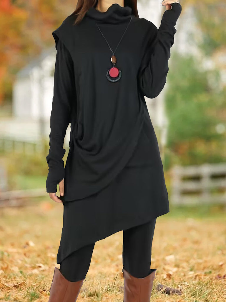 Fashion Long Sleeve Turtleneck Plain Irregular Craftsmanship Midi Dress