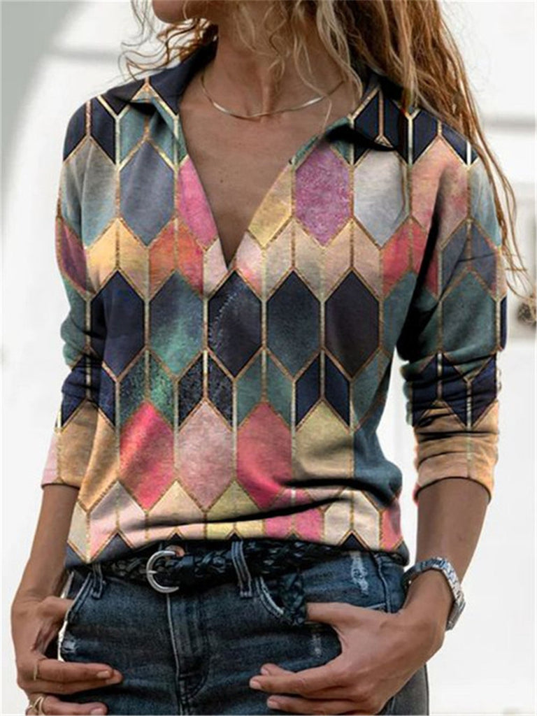 Long Sleeve Shawl Collar Abstract Graphic Asymmetric Fashion Regular T-Shirt