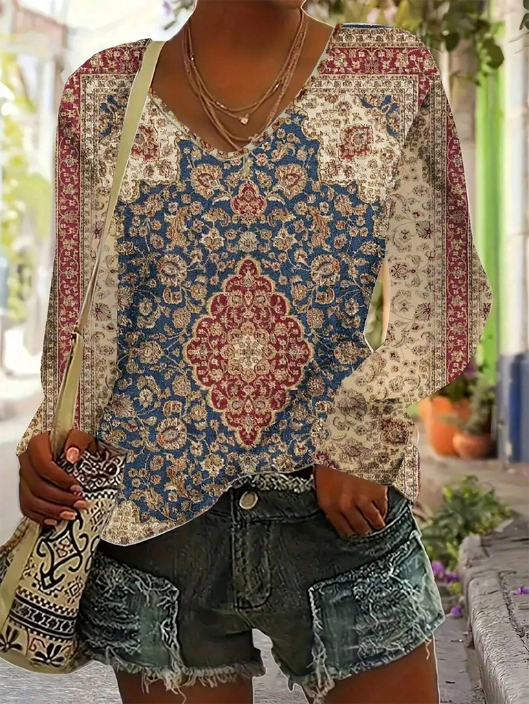 Casual V Neck Long Sleeve Nationality Fashion Regular T-Shirt