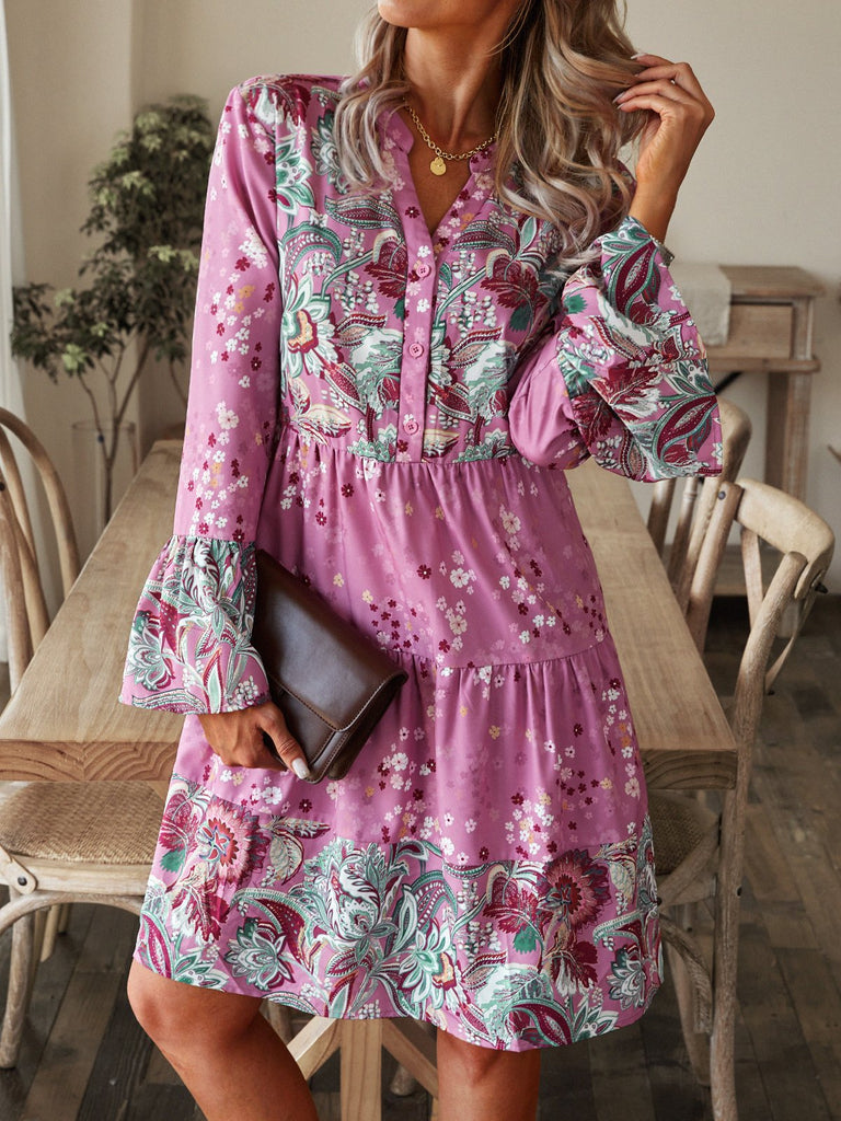 Fashion V Neck Long Sleeve Floral Loose Short Dress