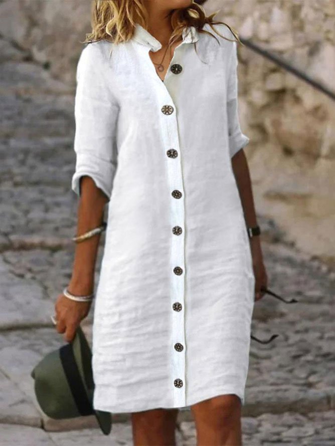 Fashion 3/4 Sleeve Stand Collar Plain Loose Short Dress